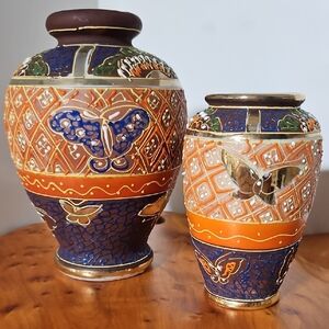Vtg Gold Castle Japanese Satsuma Moriage Hand Painted Butterfly Vase Set